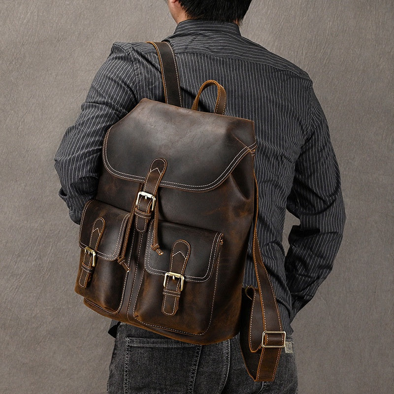 Genuine Leather Backpack  Men's Retro Crazy Horse Leather Travel Bag