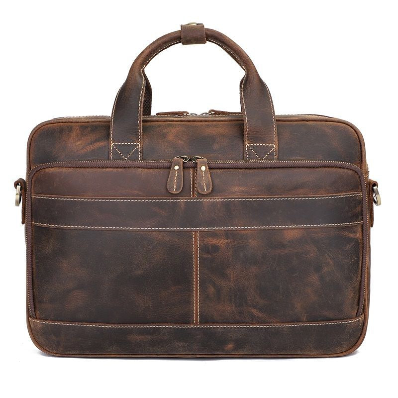 Men's Full-grain Cowhide Crazy Horse Leather Briefcase Singer-Shoulder Crossbody Bag