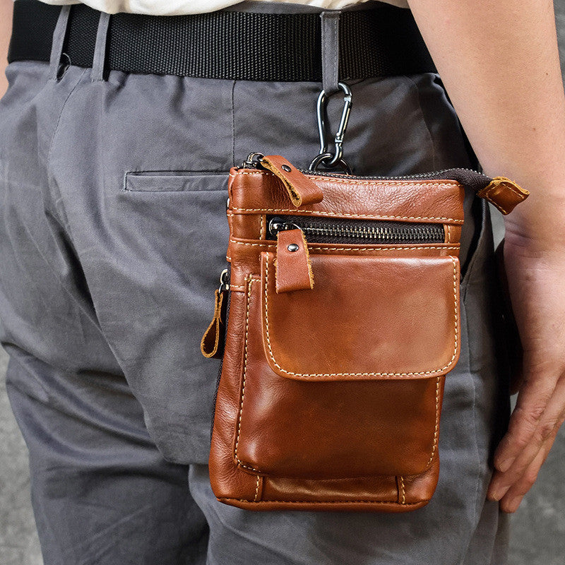 Men's Genuine Leather Waist Bag, Crazy Horse Leather Crossbody Bag, Multifunctional Belt Hanging Bag, Cowhide Phone Bag